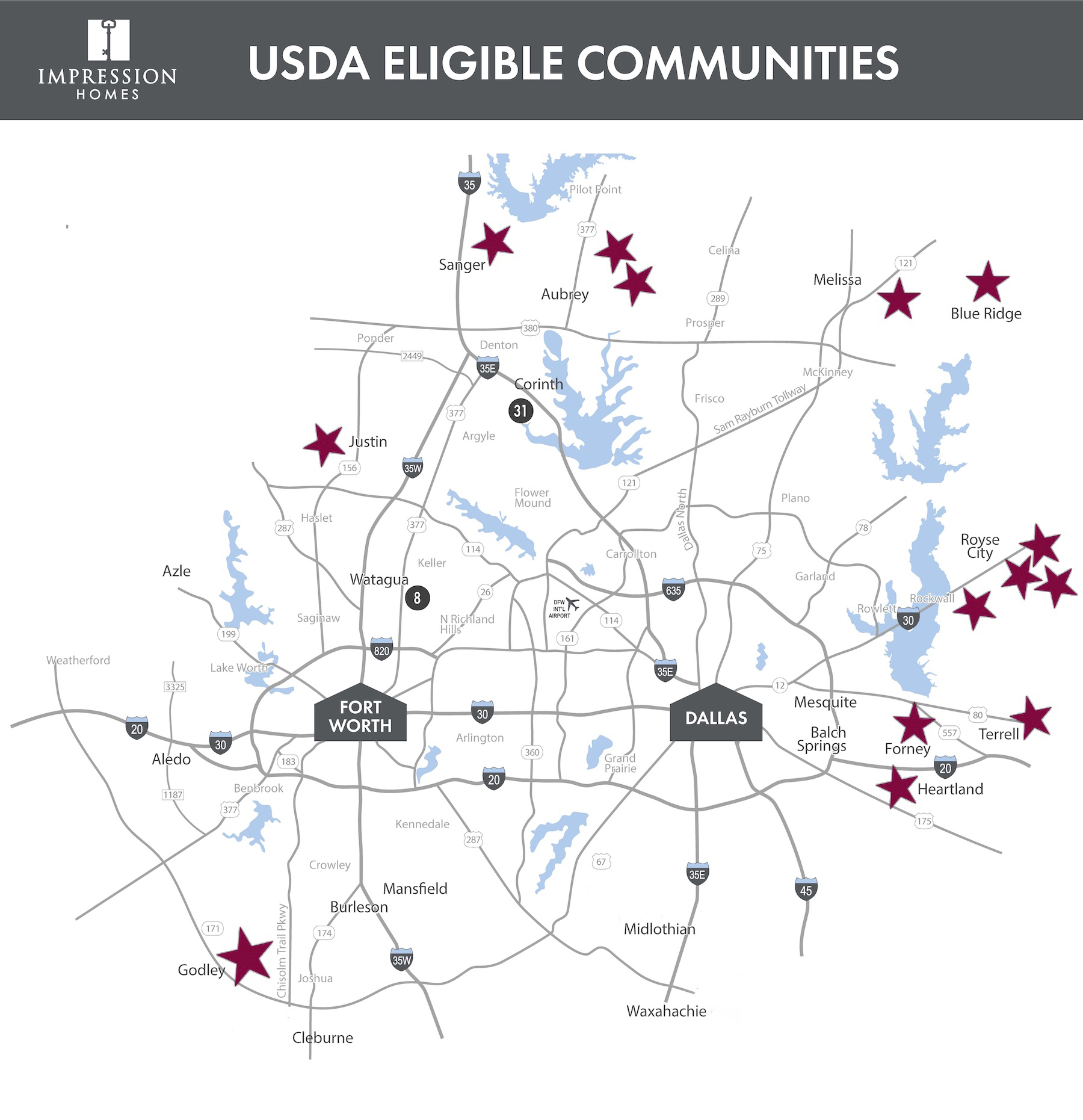 Map of DFW area communities that are USDA loan eligible